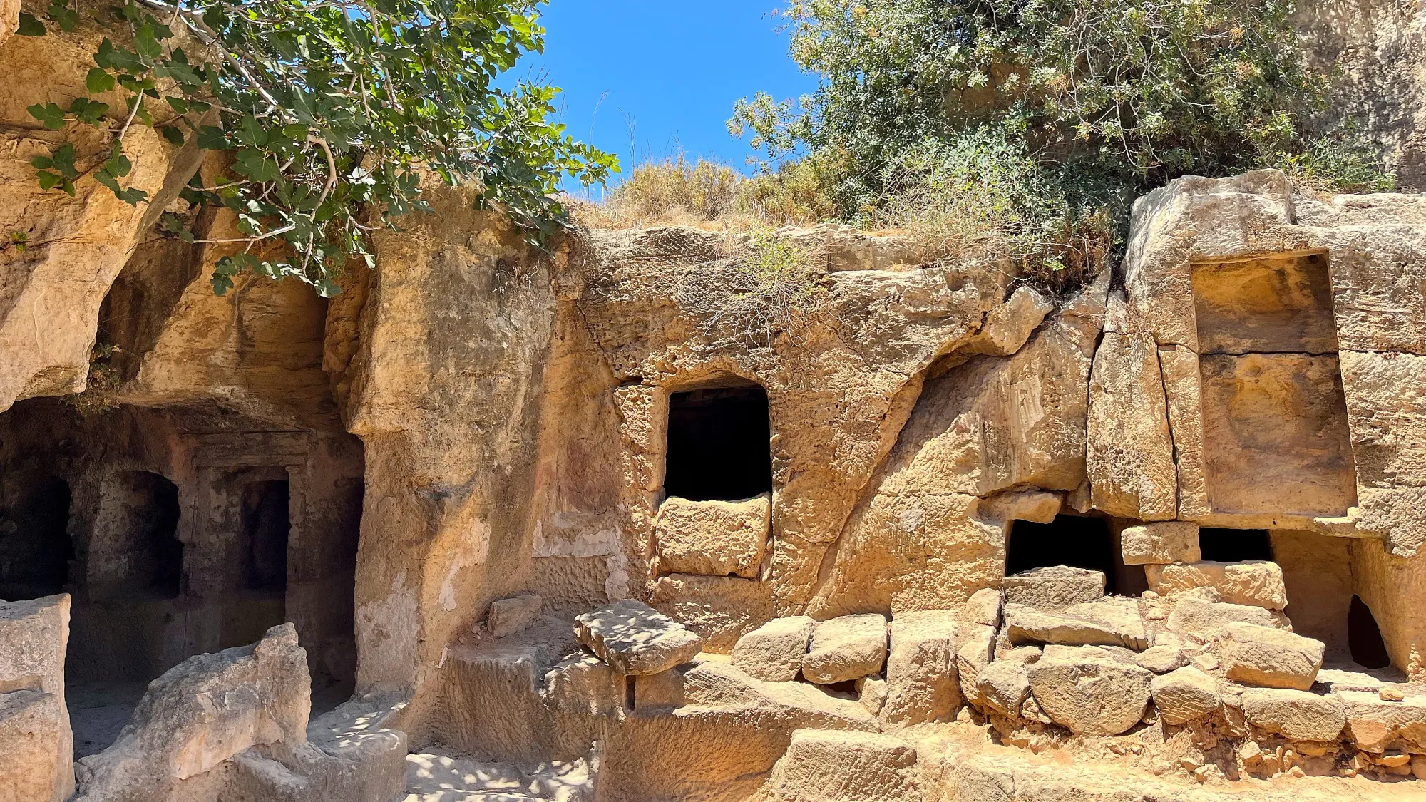 Tan stone with caves and tombs carved out of it. Greenery growing on top of the excavated rocks.