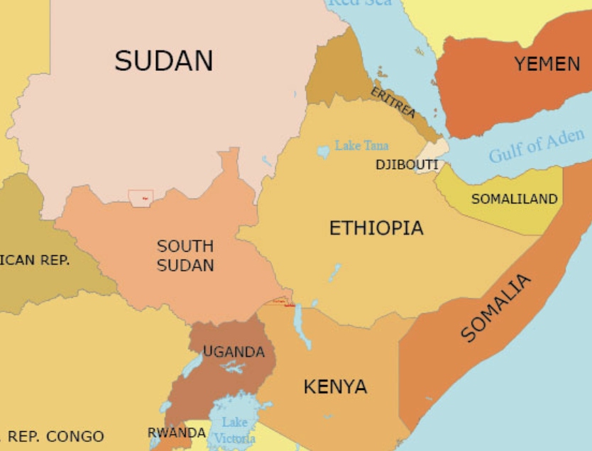 A labelled political map of the horn of Africa