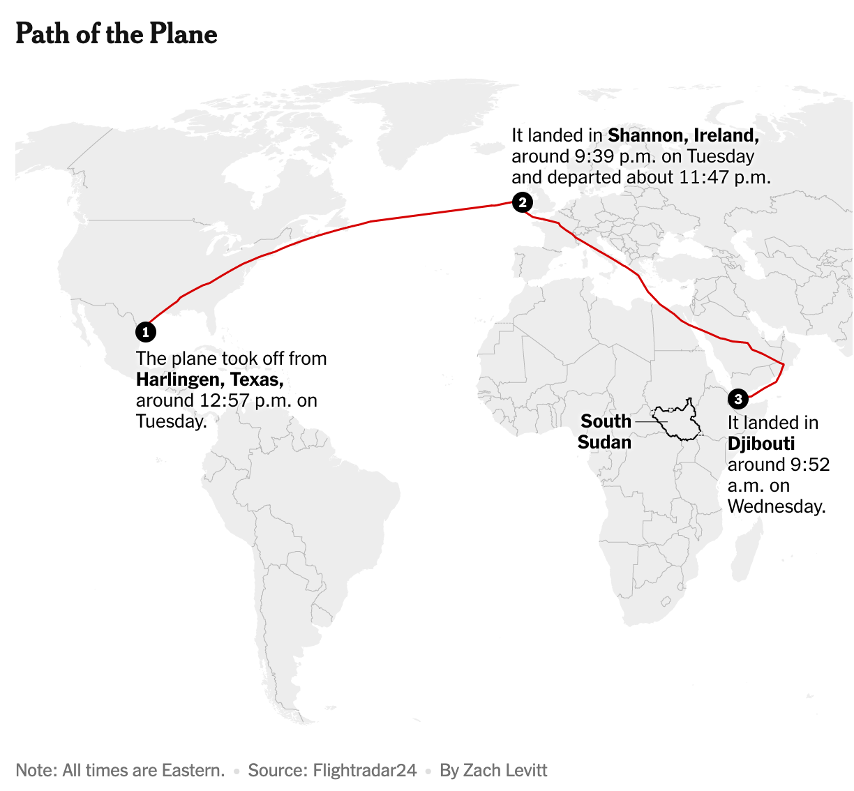 Map of the world, with the classic red line showing flight from Texas to Shannon, and then on to Djibouti
