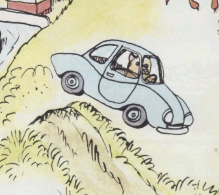 Snippet of Richard Scarry's illustration., A mournful looking cat drives his little blue car over a hillock on an empty country road.