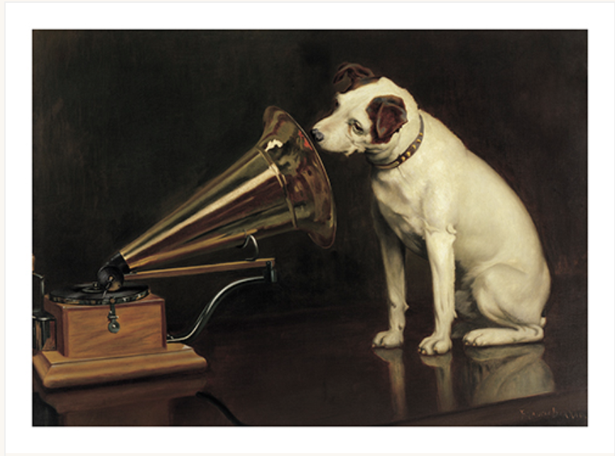 Oil painting of Nipper, a terrier dog with his head cocked looking into the horn of a gramophone.
