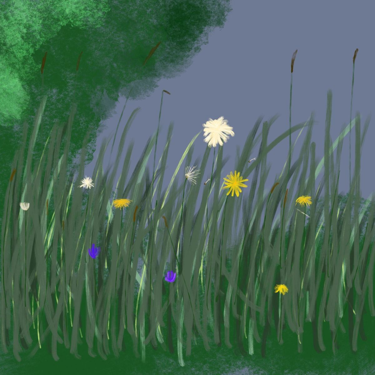 An oil pastel picture of grass and flowers, by Simon McGarr