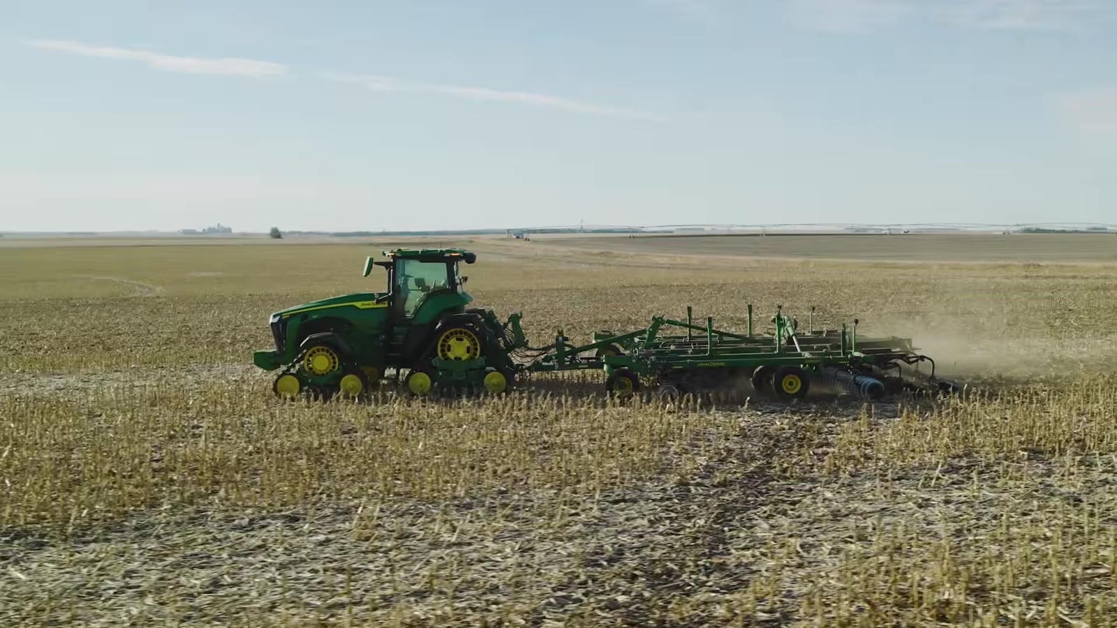 John Deere autonomous tractor pulling tillage equipment