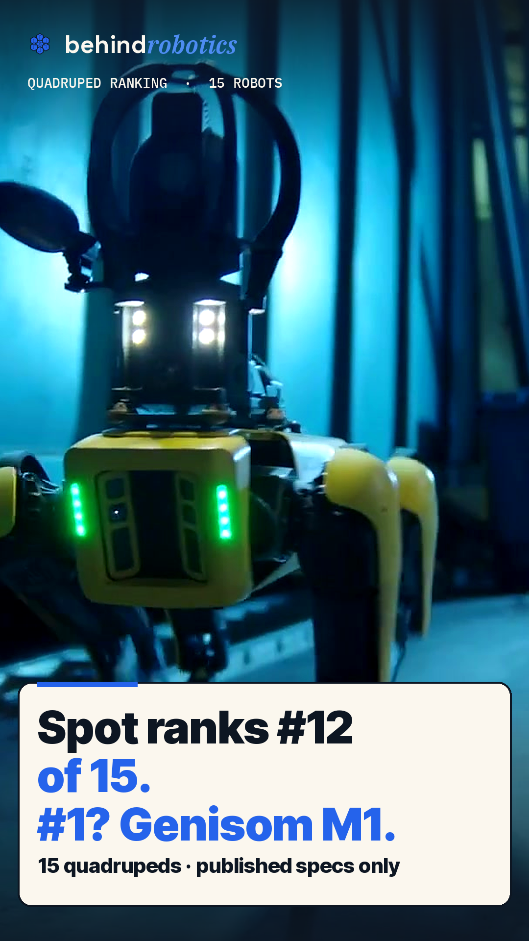 behindrobotics Short cover: quadruped robot ranking, Spot #12 of 15, Genisom M1 #1