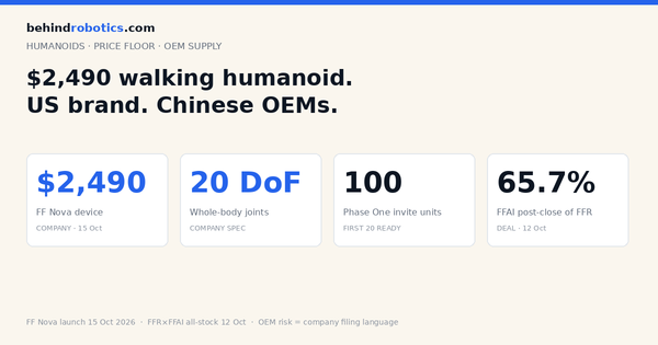 behindrobotics data card: FF Nova $2,490 humanoid — device price, 20 DoF, Phase One 100 units, FFAI 65.7% post-close