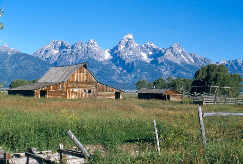 Moulton Barn homestead with Teton Range in Grand Teton National Park.