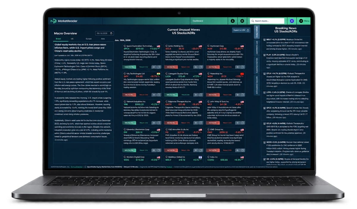 The MarketReader platform on a laptop, showing macro overview, current unusual moves and a live news feed