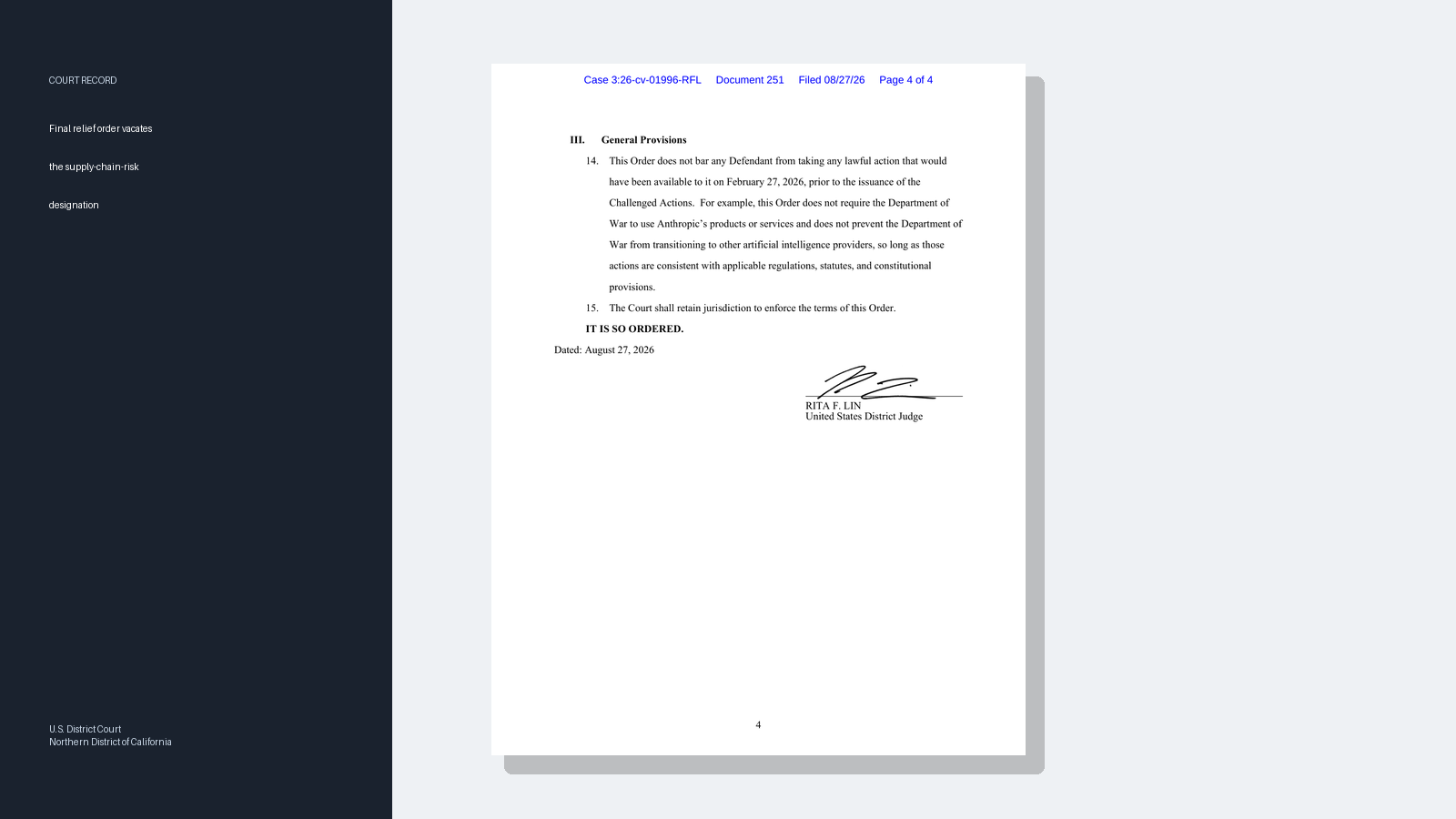 Final page of the federal court relief order signed by Judge Rita F. Lin on August 27, 2026.
