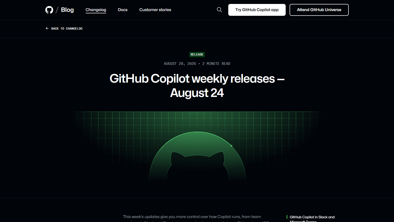 Screenshot of GitHub's Copilot weekly release page showing the August 28, 2026 release and its cross-surface Copilot sections.