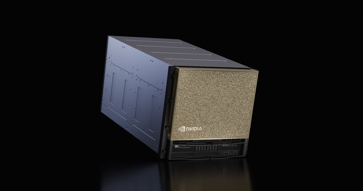 NVIDIA DGX B300 server with a dark chassis and gold front panel on a black background.