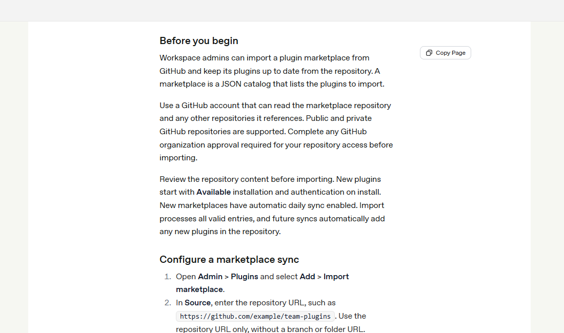 Screenshot of OpenAI plugin management documentation showing GitHub marketplace import steps and supported marketplace formats.