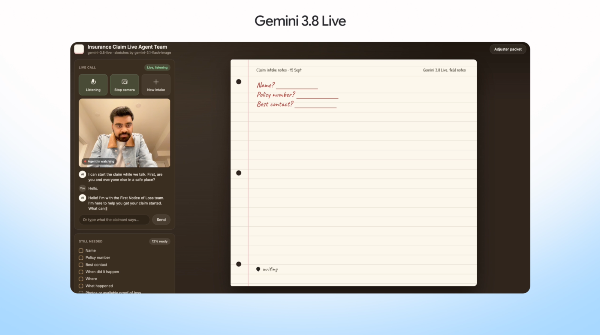 Demo image of a live claims intake workflow using Gemini 3.8 Live with video understanding.