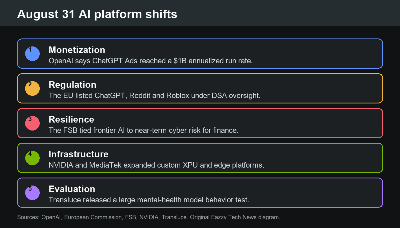 Diagram listing five August 31 AI platform shifts across monetization, regulation, resilience, infrastructure and evaluation.