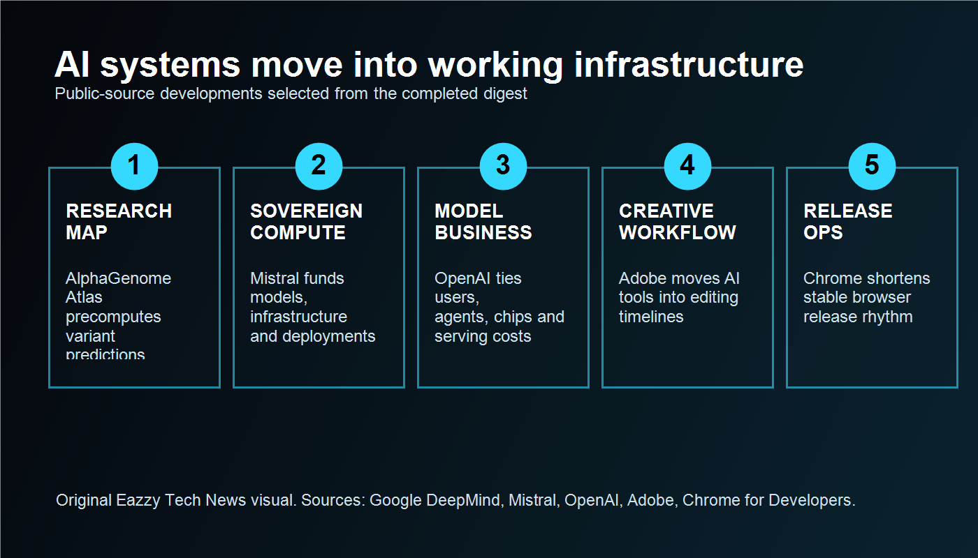 Five labeled lanes showing how AI developments moved from model release into research, funding, compute, creative workflow and browser release infrastructure.