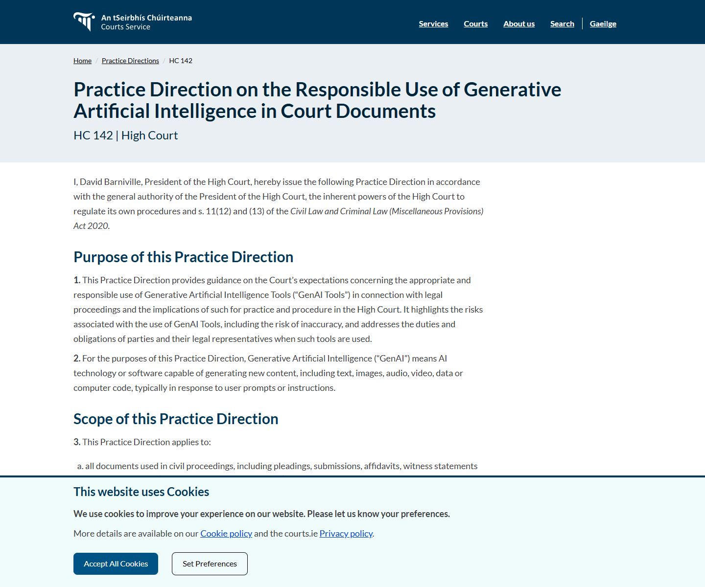 Screenshot of Ireland's High Court practice direction on responsible use of generative AI in court documents, showing its title and verification requirement.