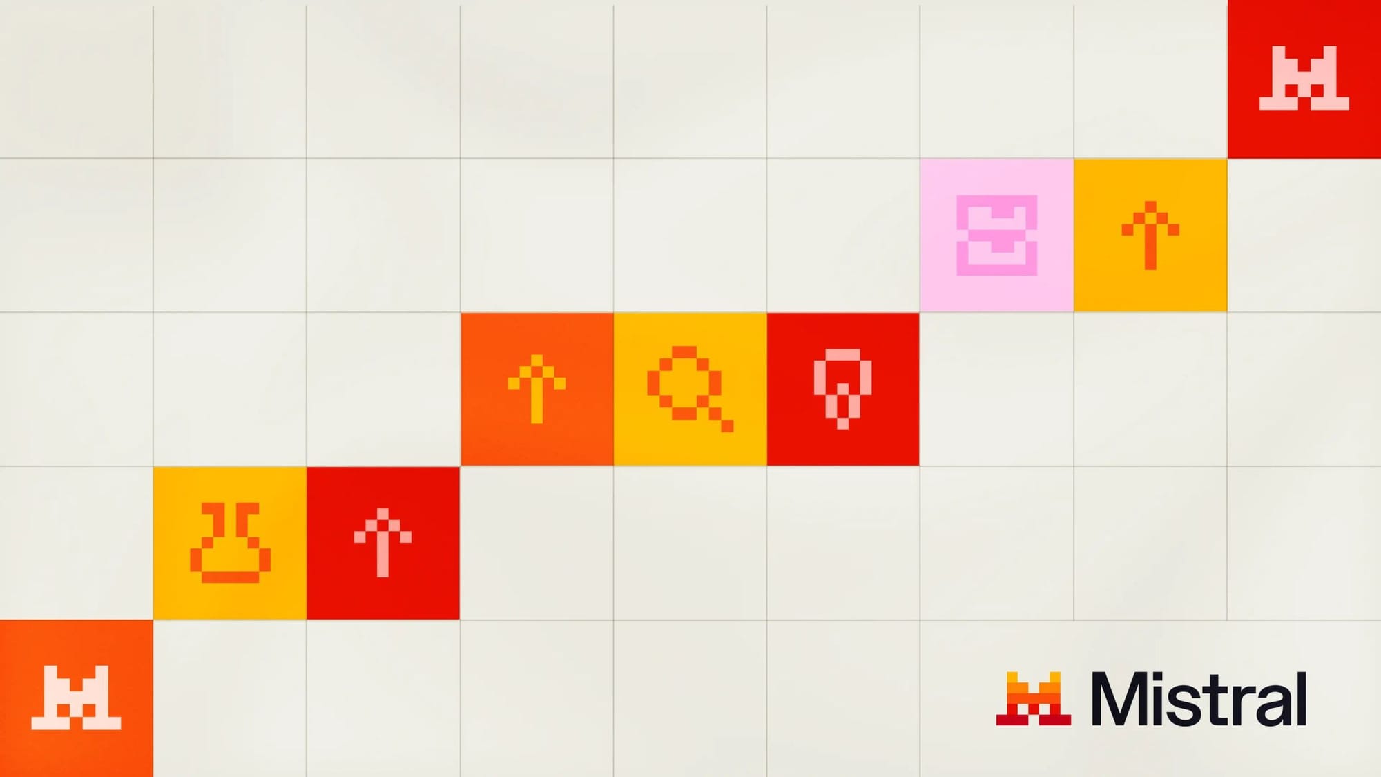 Mistral's official funding-announcement artwork, with coloured tiles, pixel-style symbols and the Mistral wordmark on a pale grid.