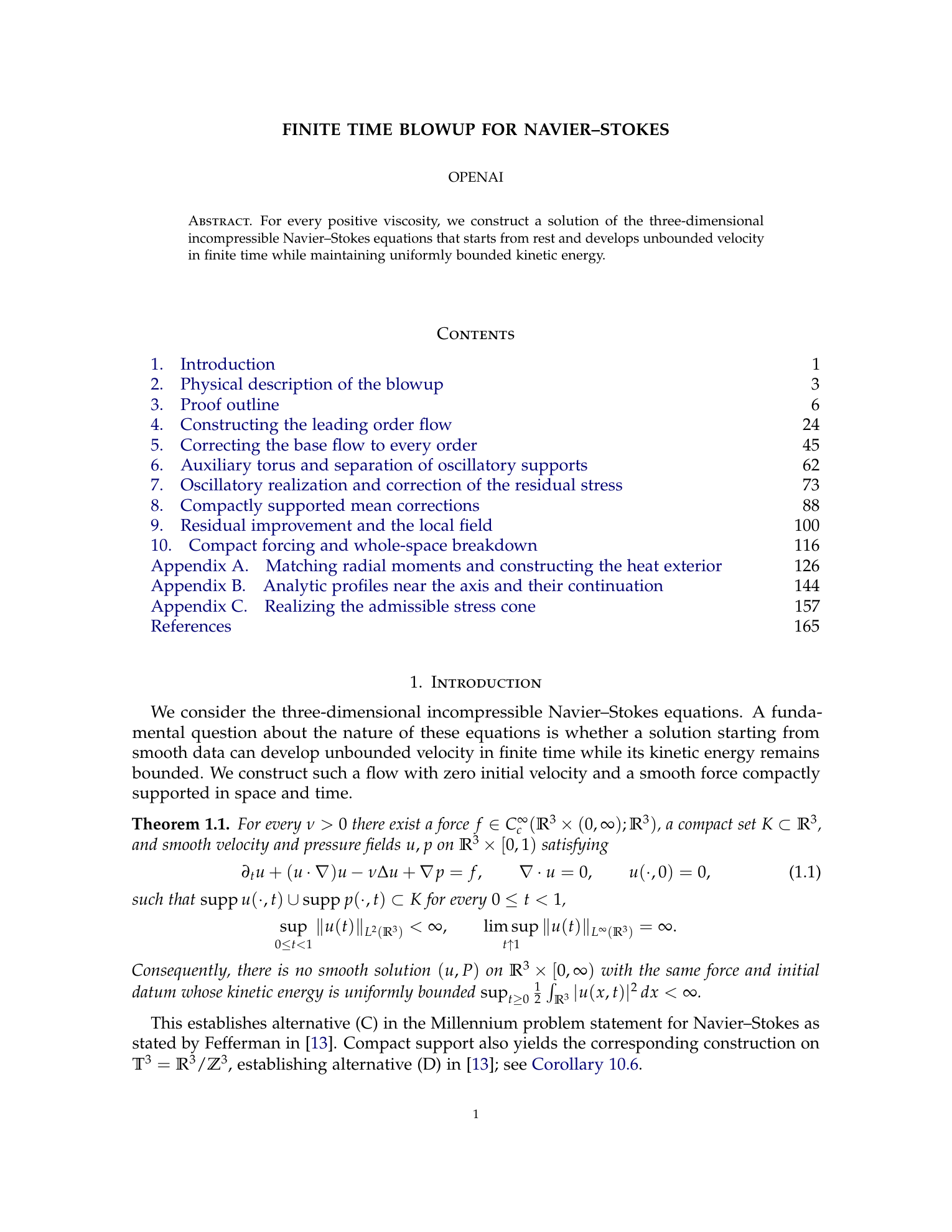 First page of OpenAI’s paper, titled Finite Time Blowup for Navier–Stokes, with its abstract and contents visible.