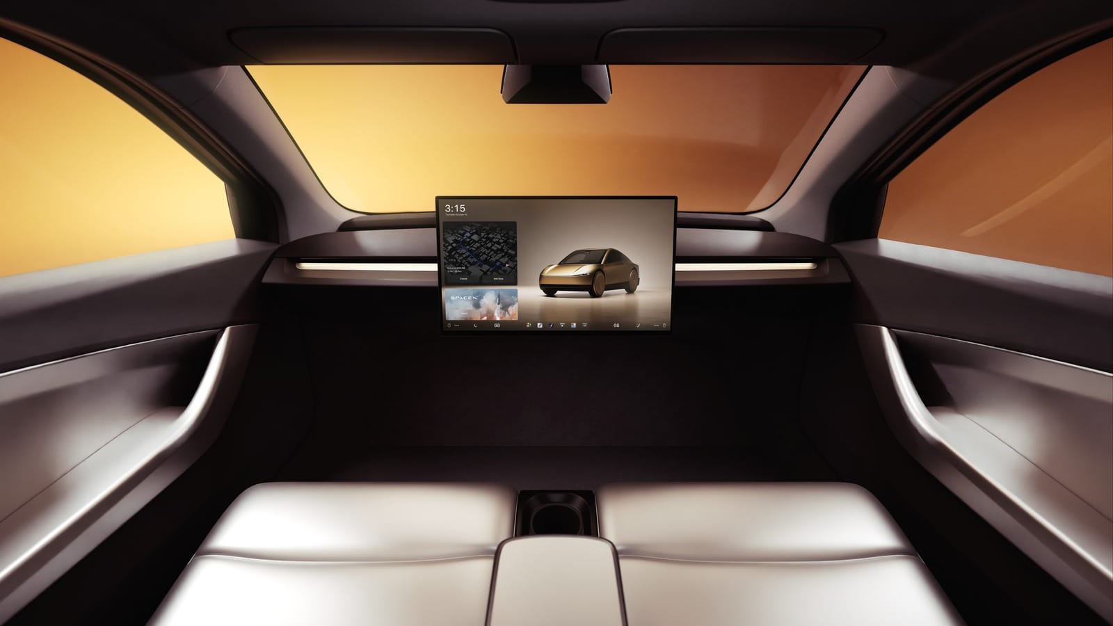 Interior of a Tesla Cybercab showing bench-style seats, a central touchscreen and no steering wheel in front of the passenger area.