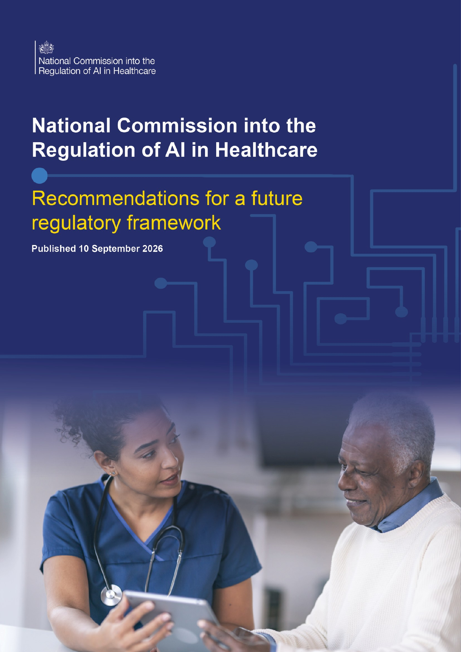 Cover of the UK National Commission report on AI in healthcare, showing its title, recommendations subtitle and September 10, 2026 publication date.