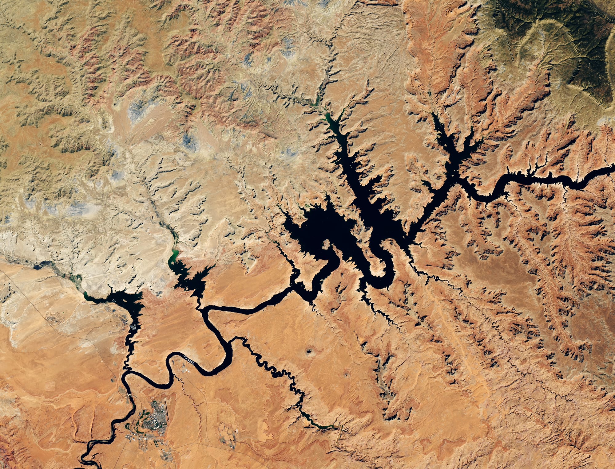 A Landsat 8 view shows Lake Powell at record-low water levels in September 2026.