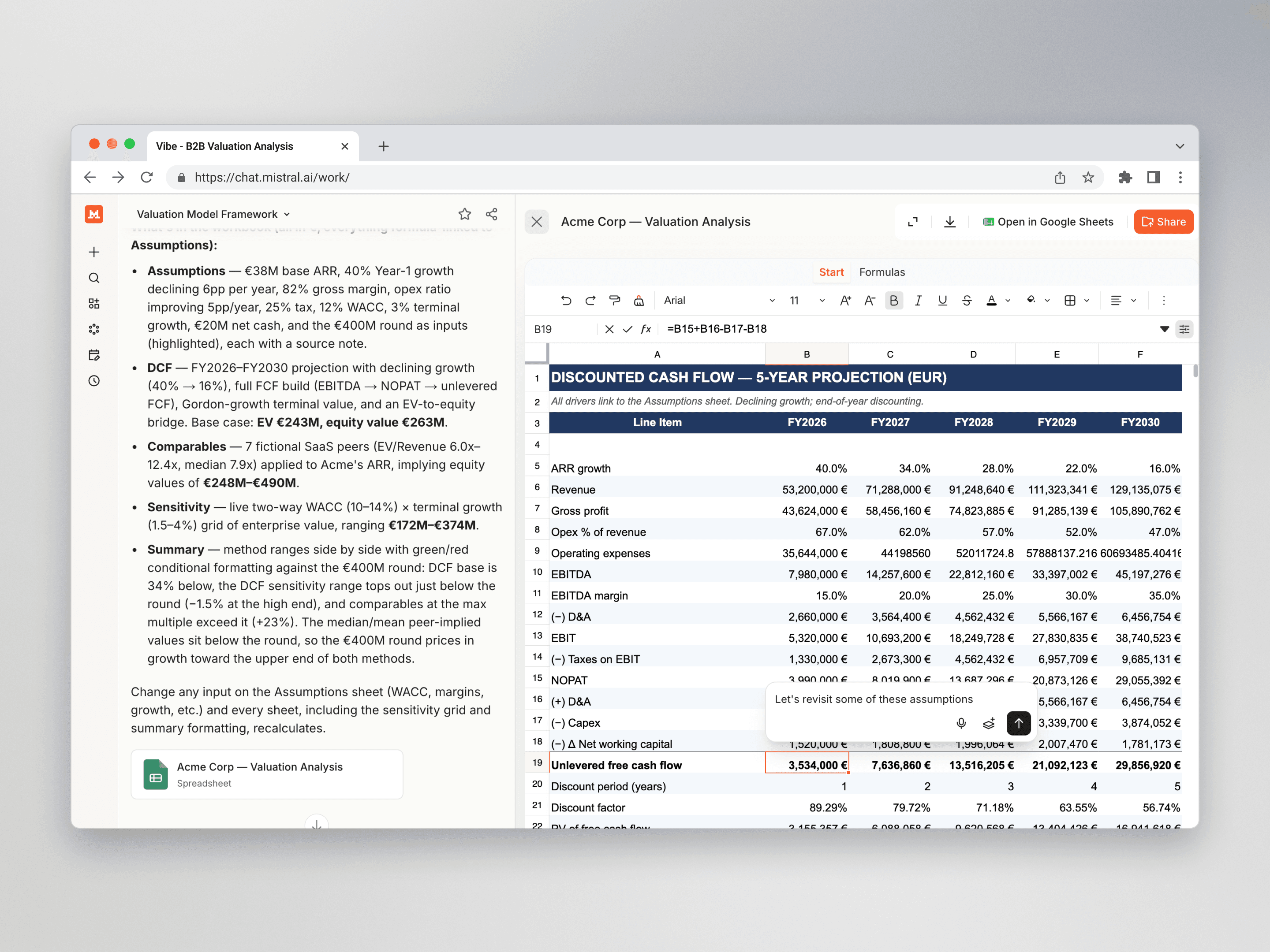 Mistral-published image showing Vibe Work creating a valuation spreadsheet.