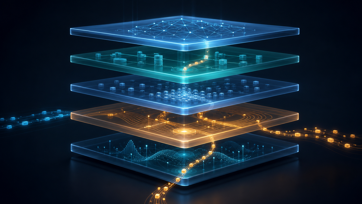 Five translucent software layers connected by blue and amber data paths, representing a modern AI agent stack.