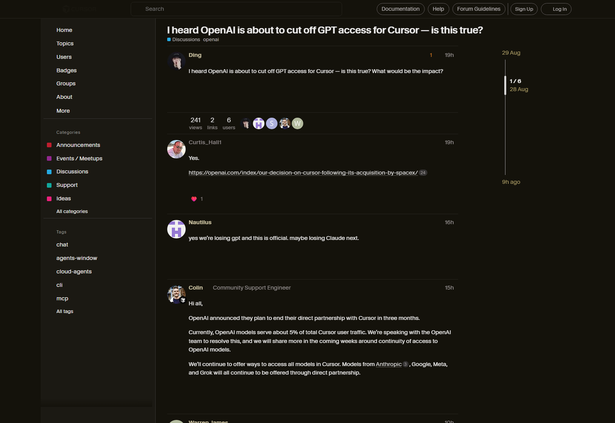 Cursor forum page showing a community support response about OpenAI's planned Cursor model-access wind-down.