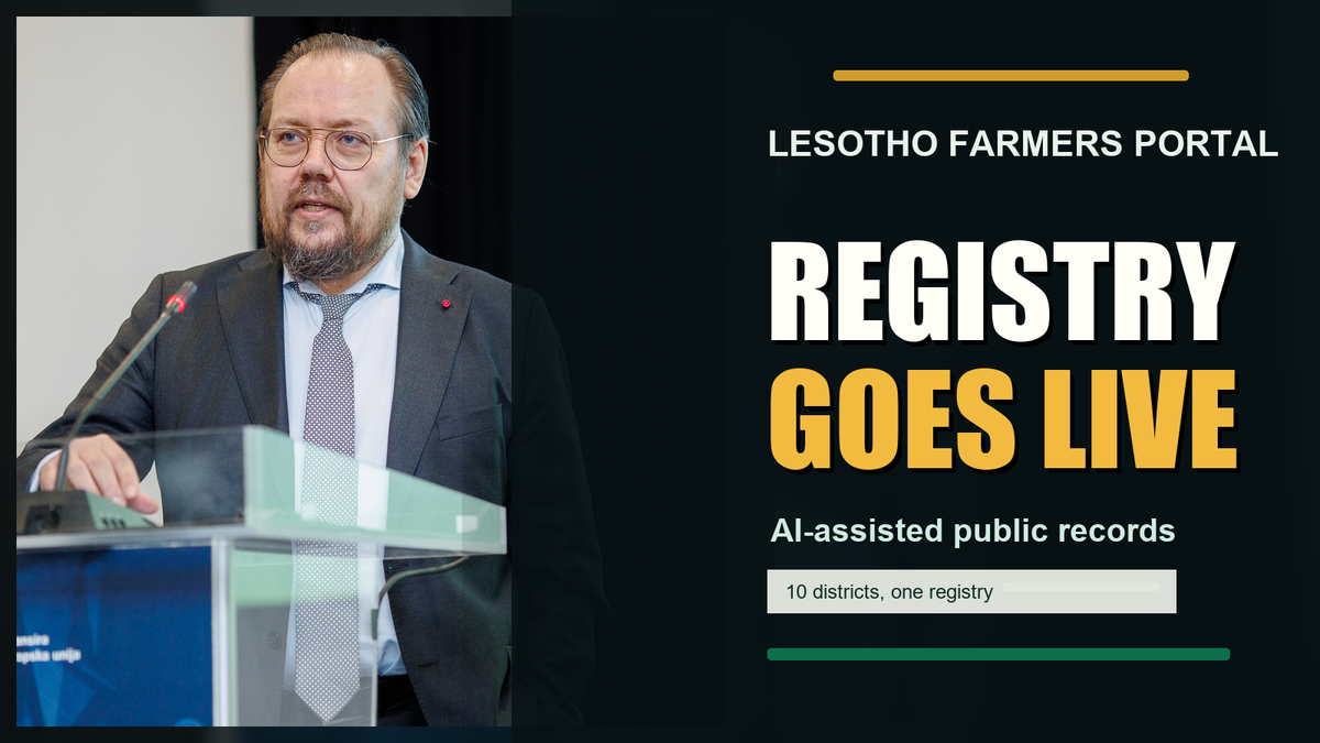 Editorial thumbnail showing Aare Laponin beside the words Registry Goes Live for the Lesotho Farmers Portal.