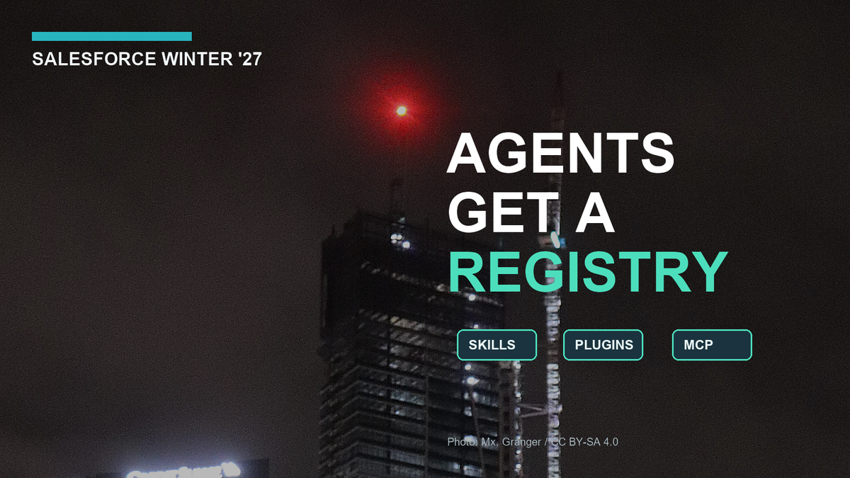 Editorial thumbnail with Salesforce Tower and the words Agents Get a Registry.