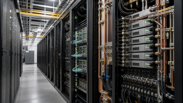 A liquid-cooled AI server rack aisle with copper cooling lines, dense cabling, power busbars and status lights.
