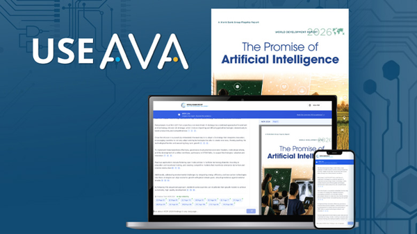 World Bank WDR 2026 AVA platform visual showing the artificial intelligence report across a laptop, phone and report cover.