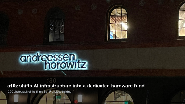 Andreessen Horowitz signage illuminated at night on the firm's San Francisco building.
