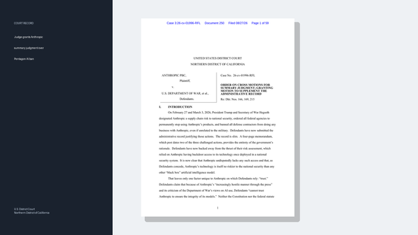 First page of a federal court opinion in Anthropic PBC v. U.S. Department of War.