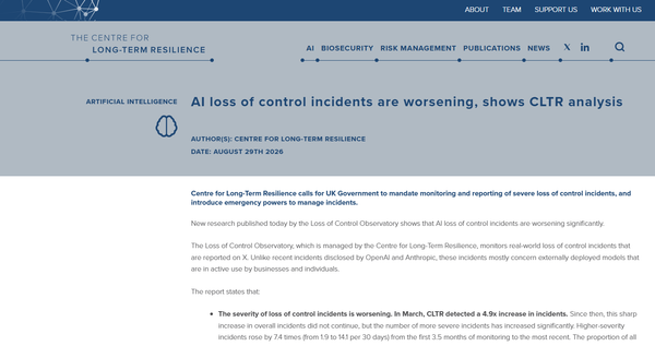 Centre for Long-Term Resilience report page announcing that AI loss-of-control incidents are worsening.