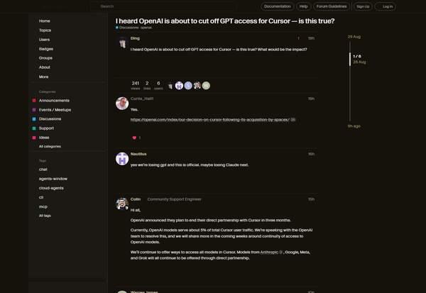 Cursor forum page showing a community support response about OpenAI's planned Cursor model-access wind-down.