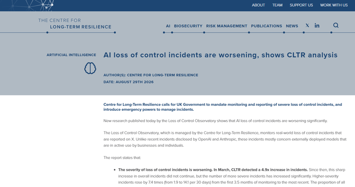 Centre for Long-Term Resilience report page announcing that AI loss-of-control incidents are worsening.