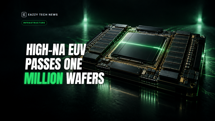 Dark editorial illustration of an unbranded semiconductor package with green light across its surface.