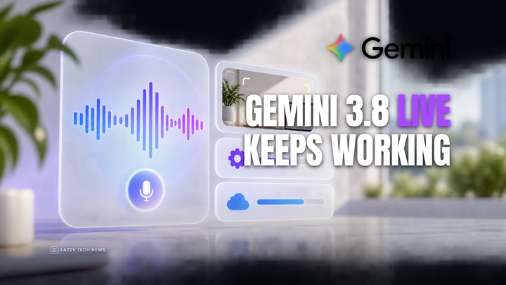Editorial illustration of a Gemini voice agent interface with a visible waveform, visual-context tile and background task cards.