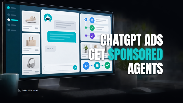 Editorial illustration of a ChatGPT Ads workflow dashboard with sponsored agent and commerce integration cues.