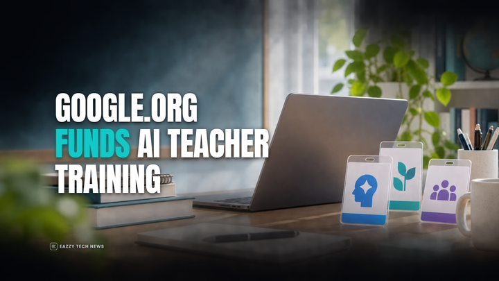 Editorial illustration of an education technology desk with training badge cards and a headline about Google.org funding AI teacher training.