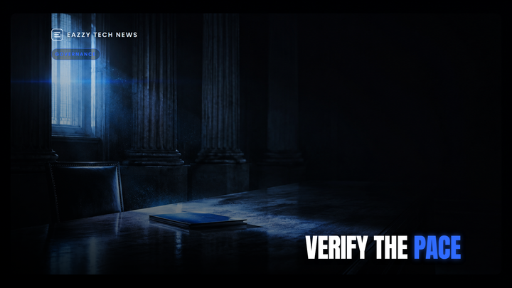 Dark formal chamber with blue light, a closed folder and the words Verify The Pace.