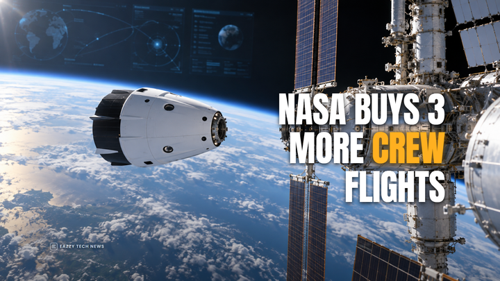 Editorial illustration of a SpaceX Dragon capsule near the International Space Station with a headline about NASA buying three more crew flights.