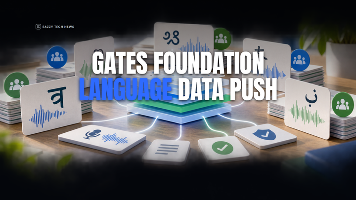 Editorial illustration of language data cards, waveform fragments and community nodes around a Gates Foundation AI access headline.