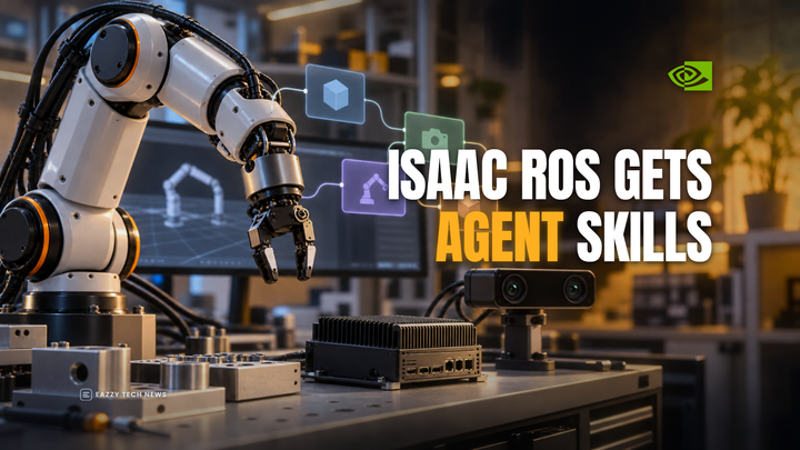 Editorial illustration of a Jetson-powered robotics workbench with NVIDIA identity and the headline Isaac ROS Gets Agent Skills.
