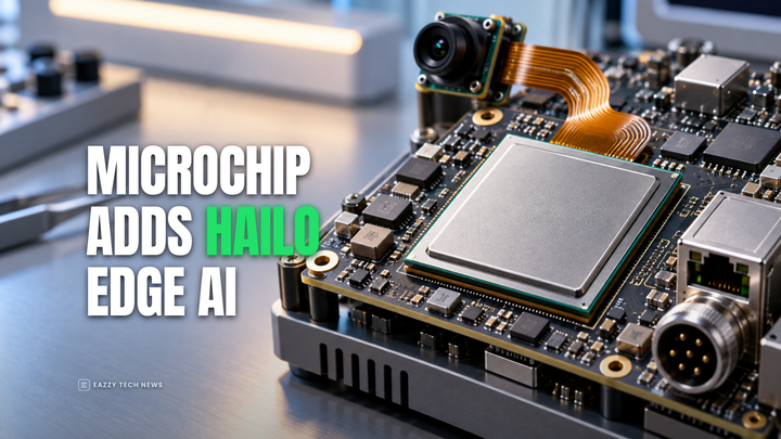 Editorial illustration of an edge AI processor board with Microchip identity text and a headline about Hailo joining the edge AI stack.
