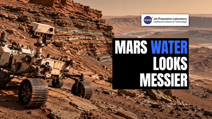 Editorial hero concept showing a Mars rover data view, layered terrain and a headline about early Mars water.