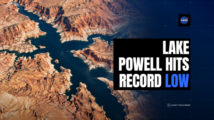 Editorial hero showing a satellite-data view of Lake Powell and a headline about record-low water.