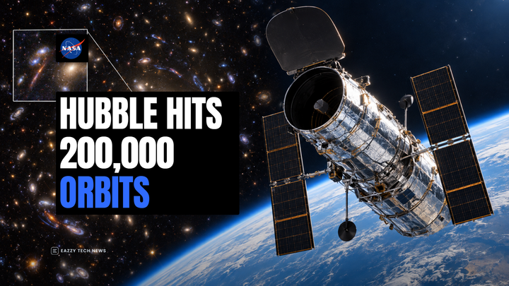 Editorial hero showing Hubble and a galaxy-cluster field with a headline about 200,000 orbits.