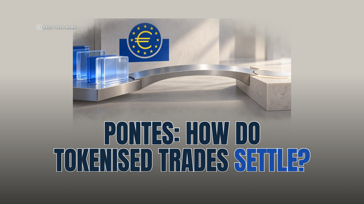 Conceptual illustration of a bridge between tokenised assets and central-bank settlement, with the European Central Bank emblem.