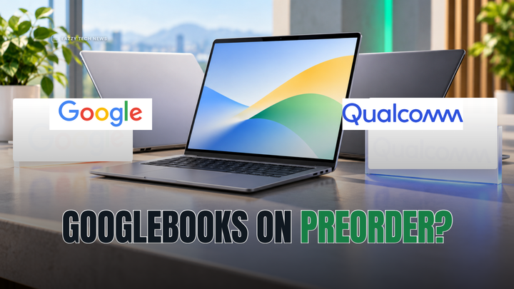 Editorial illustration of Googlebook laptops with Google and Qualcomm identity marks in a bright studio scene.
